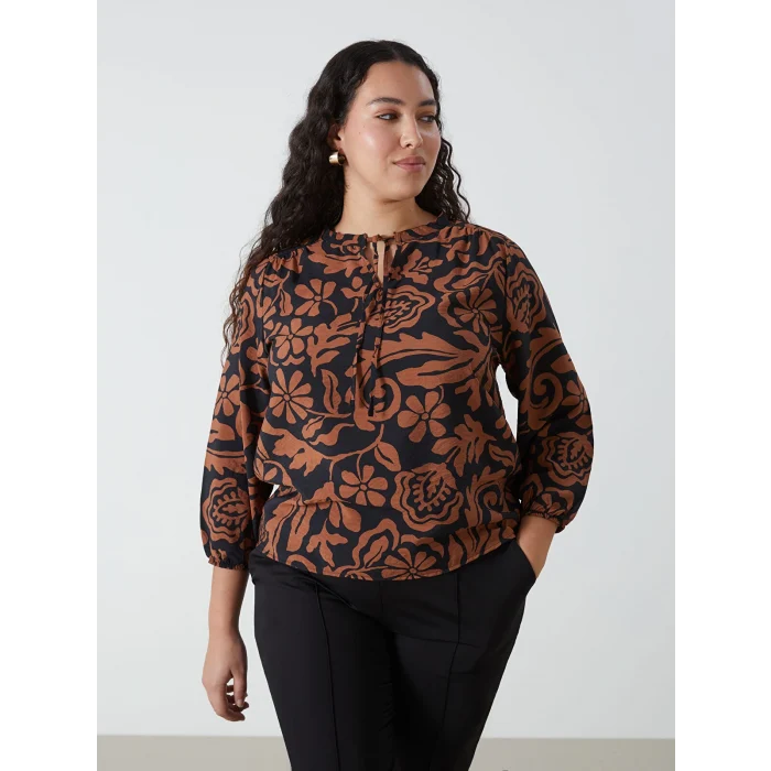 LCWAIKIKI Classic KAHVERENGİ Bağlamalı Yaka Desenli Kadın Bluz