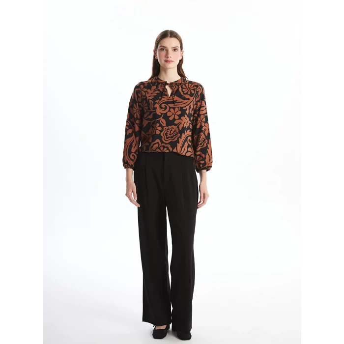 LCWAIKIKI Classic KAHVERENGİ Bağlamalı Yaka Desenli Kadın Bluz