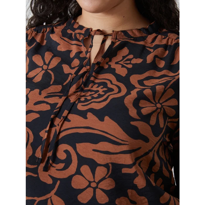 LCWAIKIKI Classic KAHVERENGİ Bağlamalı Yaka Desenli Kadın Bluz