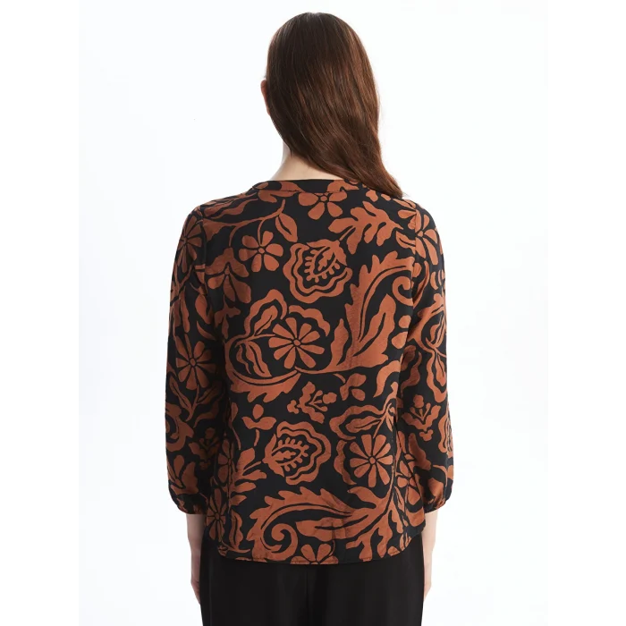 LCWAIKIKI Classic KAHVERENGİ Bağlamalı Yaka Desenli Kadın Bluz