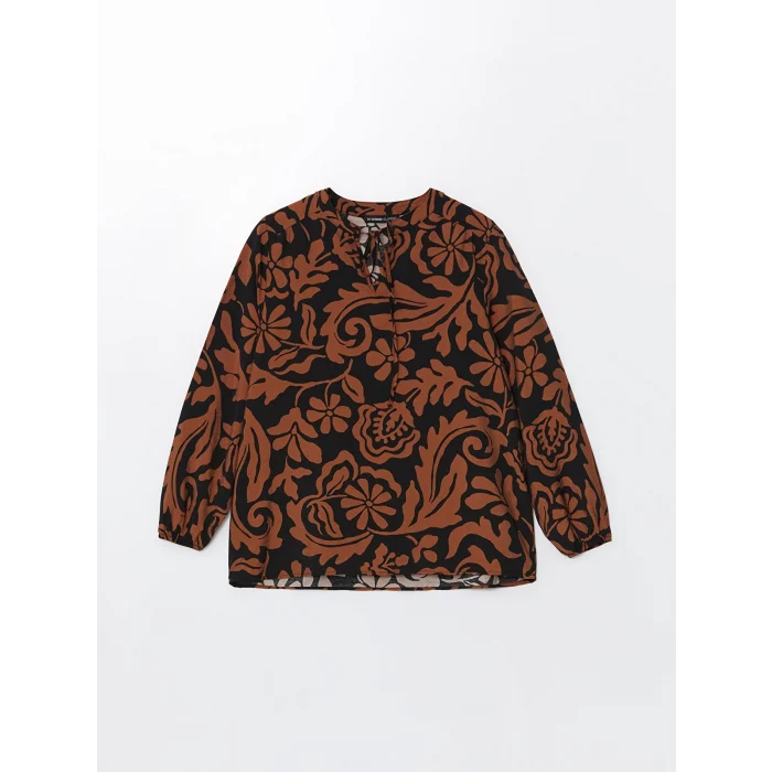 LCWAIKIKI Classic KAHVERENGİ Bağlamalı Yaka Desenli Kadın Bluz