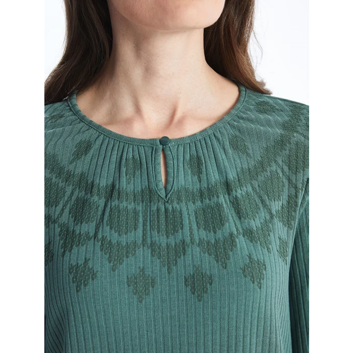 LCW Grace YEŞİL Bisiklet Yaka Desenli Kadın Tişört