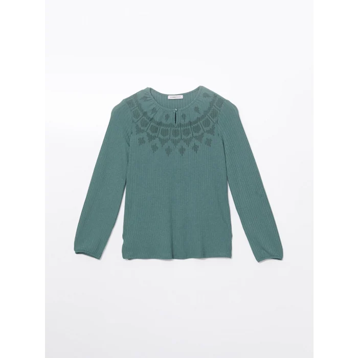 LCW Grace YEŞİL Bisiklet Yaka Desenli Kadın Tişört