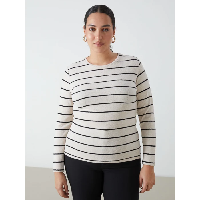 LCWAIKIKI Classic EKRU Bisiklet Yaka Çizgili Kadın Tişört