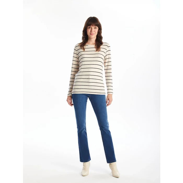 LCWAIKIKI Classic EKRU Bisiklet Yaka Çizgili Kadın Tişört