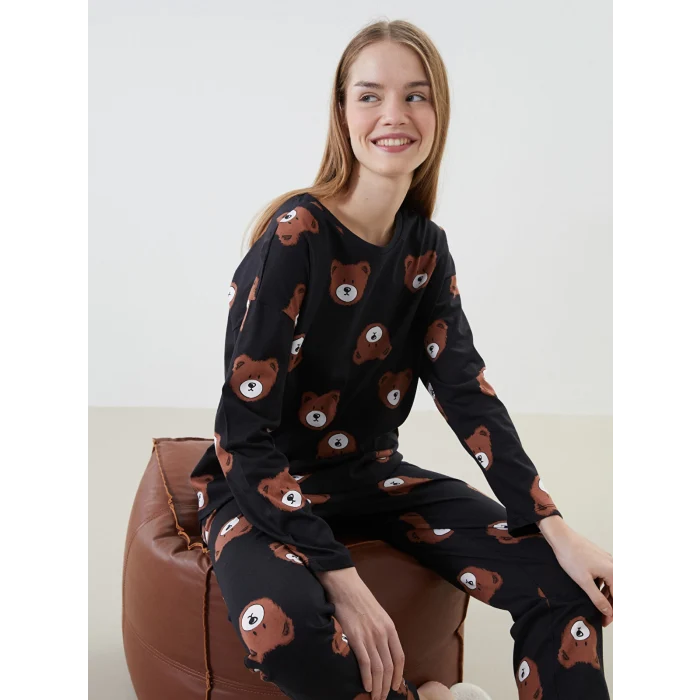 LCW Young SİYAH Bisiklet Yaka Baskılı Kadın Pijama Takımı