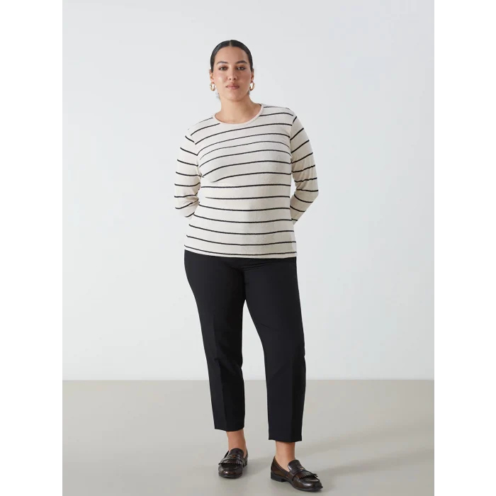 LCWAIKIKI Classic EKRU Bisiklet Yaka Çizgili Kadın Tişört