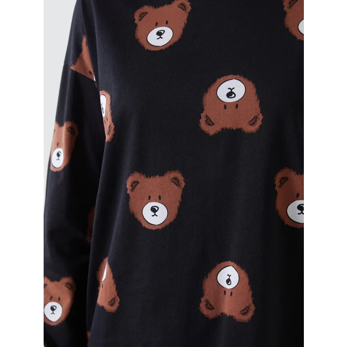 LCW Young SİYAH Bisiklet Yaka Baskılı Kadın Pijama Takımı