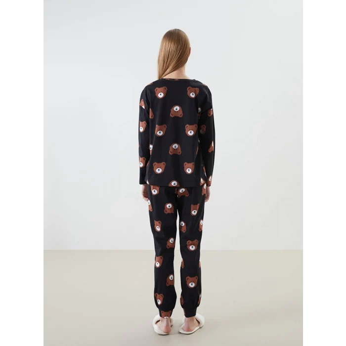 LCW Young SİYAH Bisiklet Yaka Baskılı Kadın Pijama Takımı