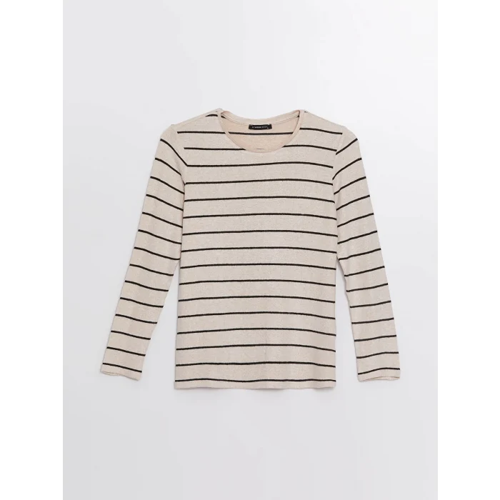 LCWAIKIKI Classic EKRU Bisiklet Yaka Çizgili Kadın Tişört