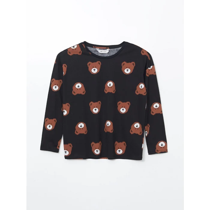 LCW Young SİYAH Bisiklet Yaka Baskılı Kadın Pijama Takımı