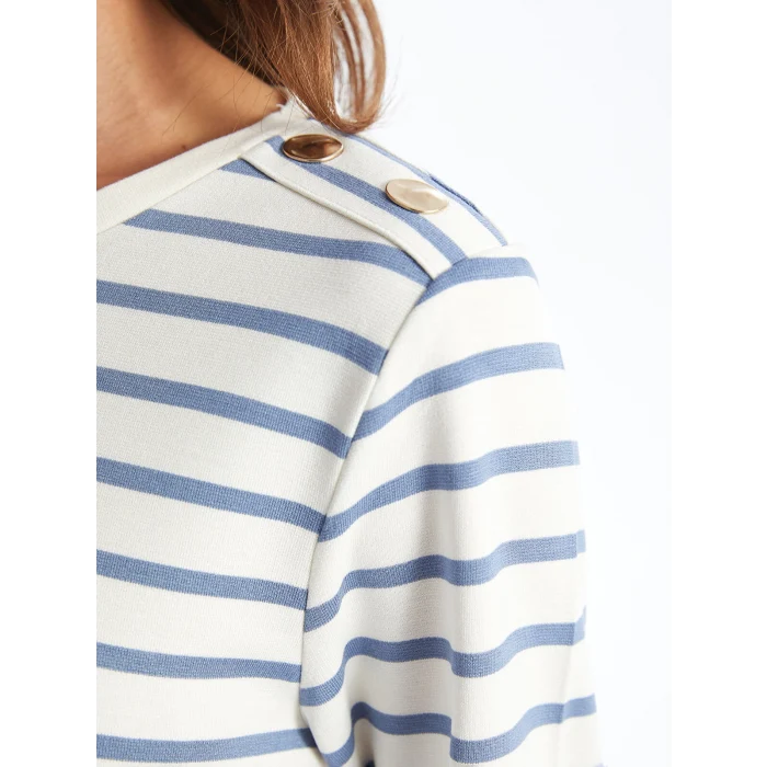 LCWAIKIKI Basic MAVİ Bisiklet Yaka Çizgili Kadın Tişört