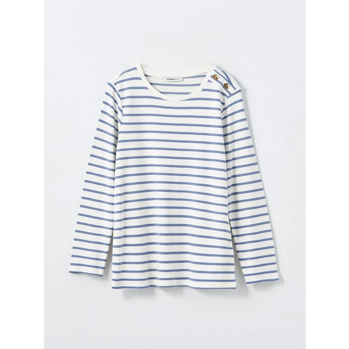 LCWAIKIKI Basic MAVİ Bisiklet Yaka Çizgili Kadın Tişört