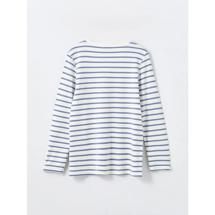 LCWAIKIKI Basic MAVİ Bisiklet Yaka Çizgili Kadın Tişört