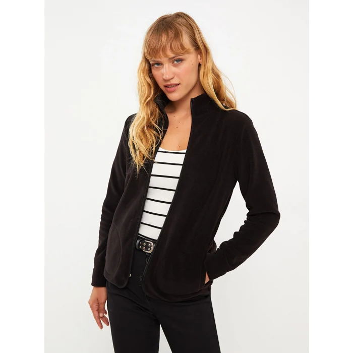 LCWAIKIKI Basic SİYAH Dik Yaka Düz Uzun Kollu Polar Kadın Spor Hırka