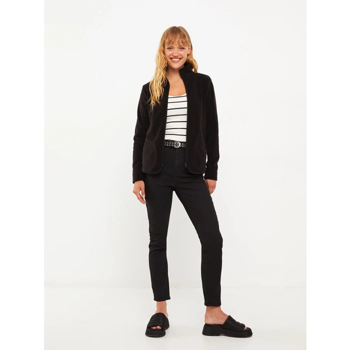 LCWAIKIKI Basic SİYAH Dik Yaka Düz Uzun Kollu Polar Kadın Spor Hırka