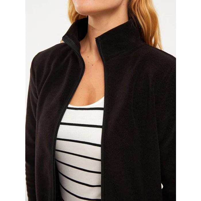 LCWAIKIKI Basic SİYAH Dik Yaka Düz Uzun Kollu Polar Kadın Spor Hırka