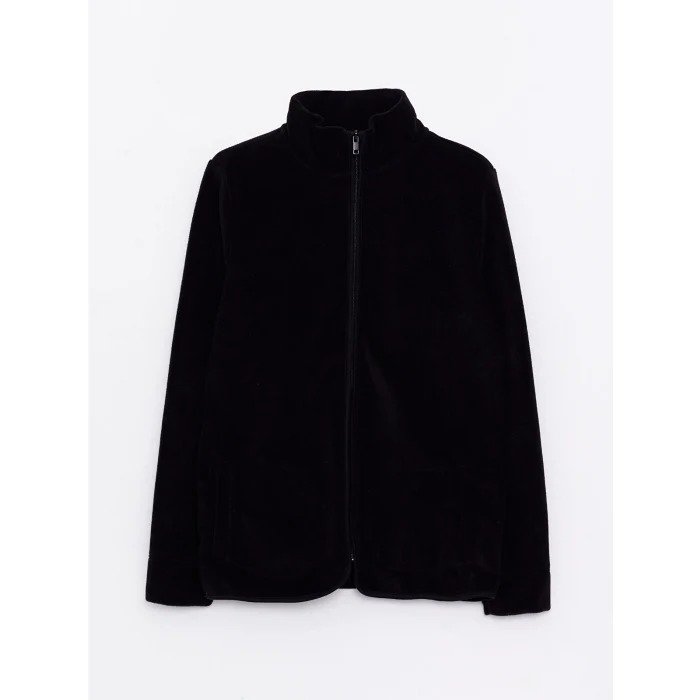 LCWAIKIKI Basic SİYAH Dik Yaka Düz Uzun Kollu Polar Kadın Spor Hırka