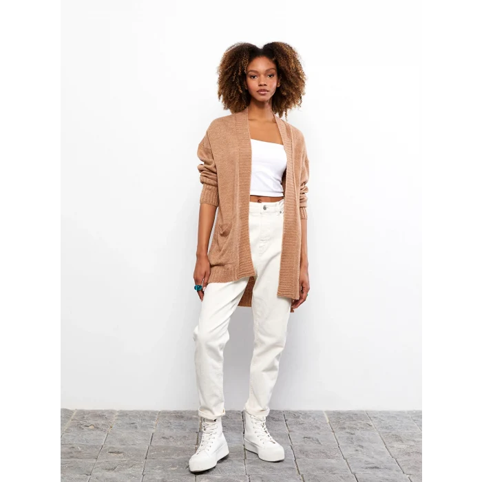 LCW Vision KAHVERENGİ Şal Yaka Düz Uzun Kollu Kadın Triko Hırka