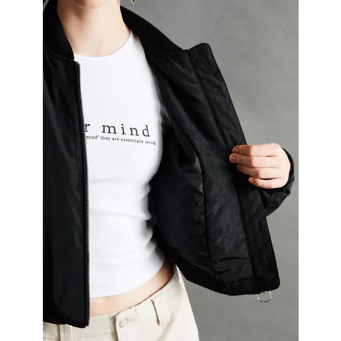 XSIDE SİYAH Kolej Yaka Crop Kadın Bomber Mont