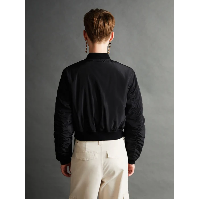 XSIDE SİYAH Kolej Yaka Crop Kadın Bomber Mont