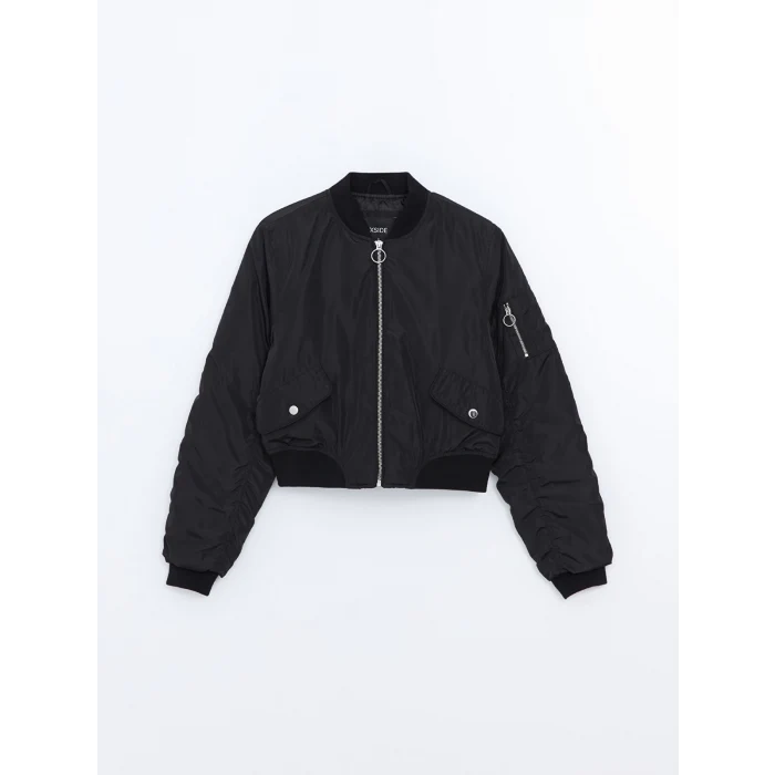XSIDE SİYAH Kolej Yaka Crop Kadın Bomber Mont