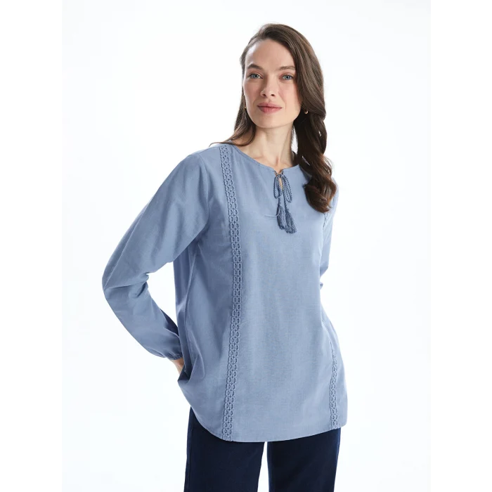 LCW Grace MAVİ Bağlamalı Yaka Nakışlı Kadın Bluz