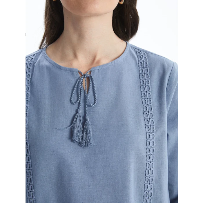 LCW Grace MAVİ Bağlamalı Yaka Nakışlı Kadın Bluz