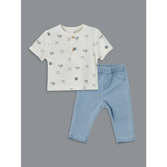 LCW baby EKRU Bisiklet Yaka Baskılı Erkek Bebek Tişört ve Pantolon 2li