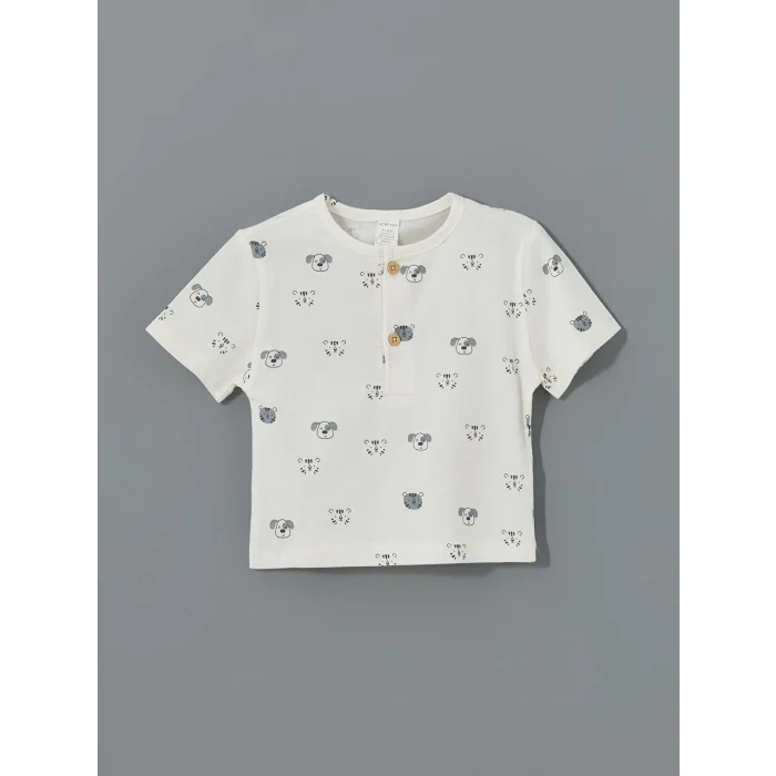 LCW baby EKRU Bisiklet Yaka Baskılı Erkek Bebek Tişört ve Pantolon 2li