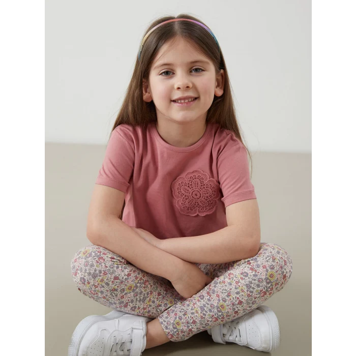 LCW Kids PEMBE Bisiklet Yaka Çiçekli Kız Çocuk Tişört ve Tayt 2li