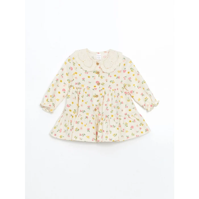 LCW baby EKRU Bebe Yaka Çiçekli Kız Bebek Elbise