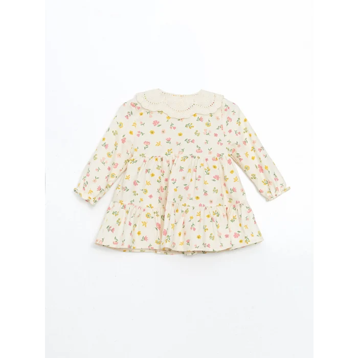 LCW baby EKRU Bebe Yaka Çiçekli Kız Bebek Elbise