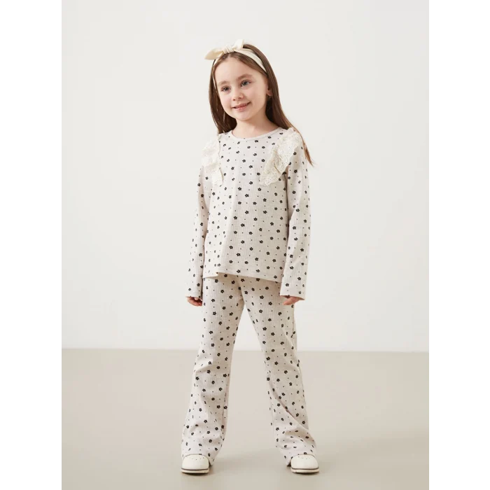 LCW Kids BEJ Bisiklet Yaka Çiçekli Kız Çocuk Bluz ve Tayt Pantolon 2li
