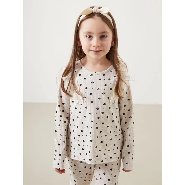 LCW Kids BEJ Bisiklet Yaka Çiçekli Kız Çocuk Bluz ve Tayt Pantolon 2li