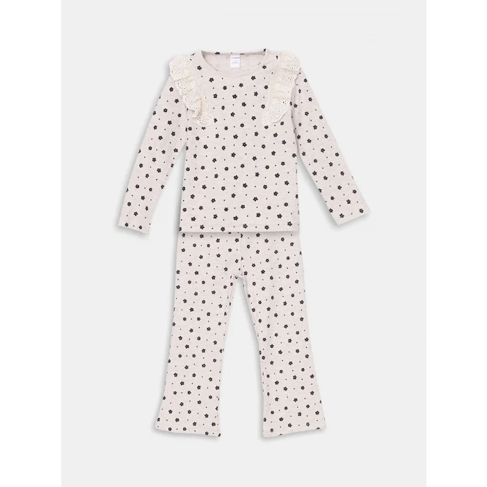 LCW Kids BEJ Bisiklet Yaka Çiçekli Kız Çocuk Bluz ve Tayt Pantolon 2li