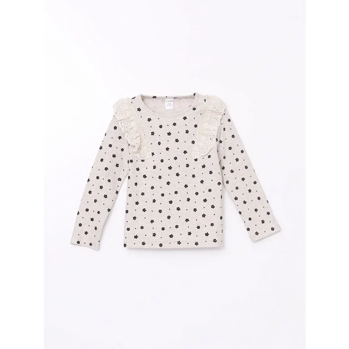 LCW Kids BEJ Bisiklet Yaka Çiçekli Kız Çocuk Bluz ve Tayt Pantolon 2li