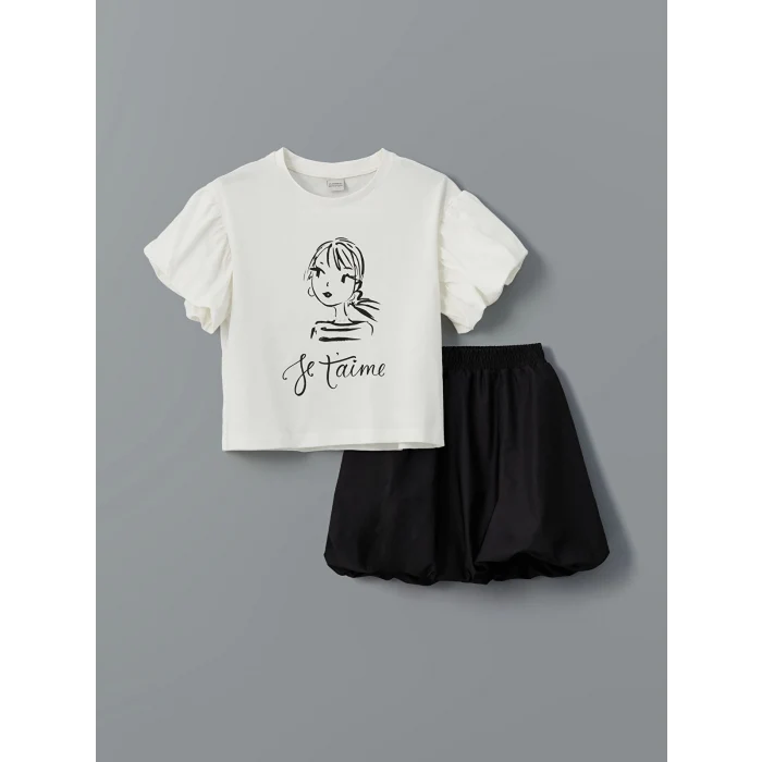 LCW Kids EKRU Bisiklet Yaka Kız Çocuk Tişört ve Etek