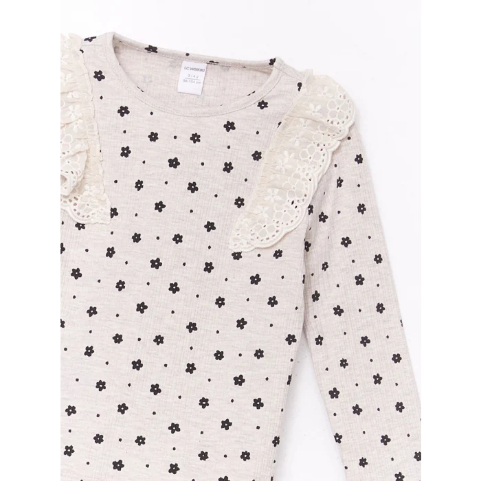 LCW Kids BEJ Bisiklet Yaka Çiçekli Kız Çocuk Bluz ve Tayt Pantolon 2li