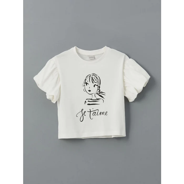 LCW Kids EKRU Bisiklet Yaka Kız Çocuk Tişört ve Etek