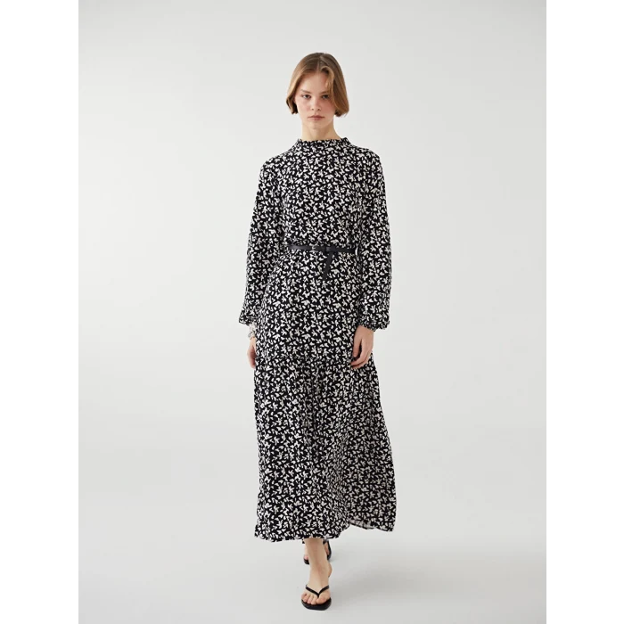 LCW Modest SİYAH Dik Yaka Desenli Kadın Elbise