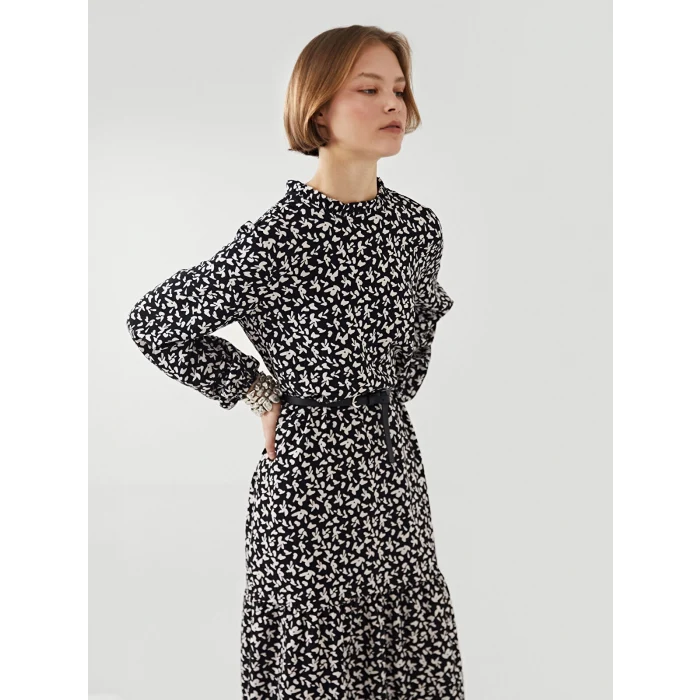 LCW Modest SİYAH Dik Yaka Desenli Kadın Elbise