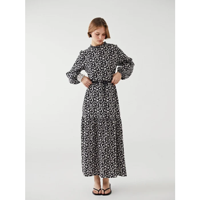 LCW Modest SİYAH Dik Yaka Desenli Kadın Elbise