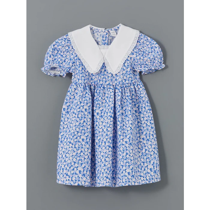 LCW Kids MAVİ Çiçekli Keten Karışımlı Kız Çocuk Elbise