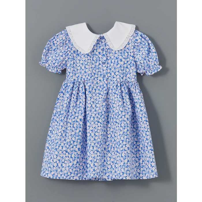 LCW Kids MAVİ Çiçekli Keten Karışımlı Kız Çocuk Elbise