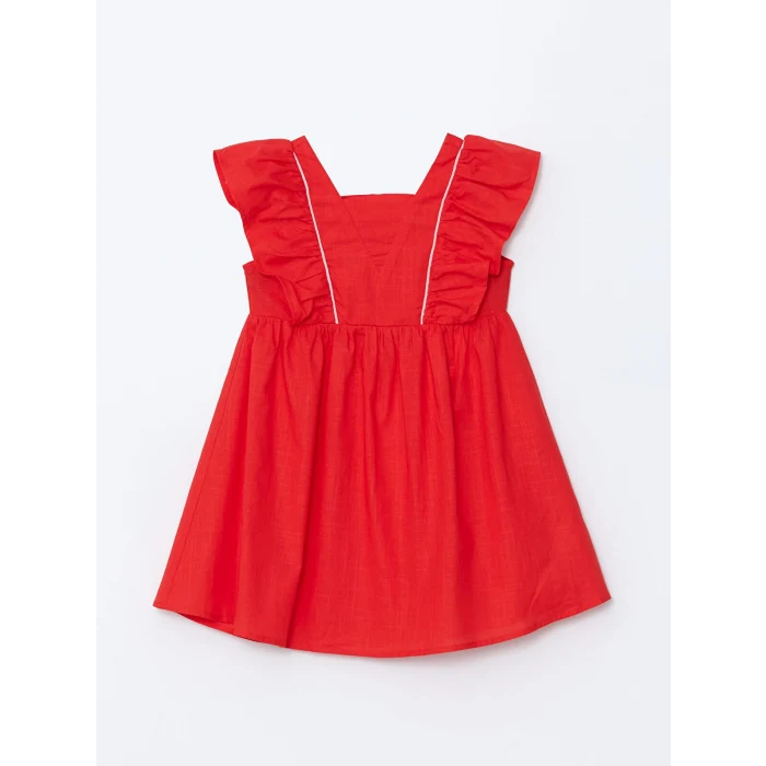LCW Kids KIRMIZI Kare Yaka Keten Kız Çocuk Elbise