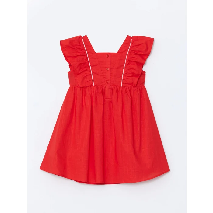 LCW Kids KIRMIZI Kare Yaka Keten Kız Çocuk Elbise