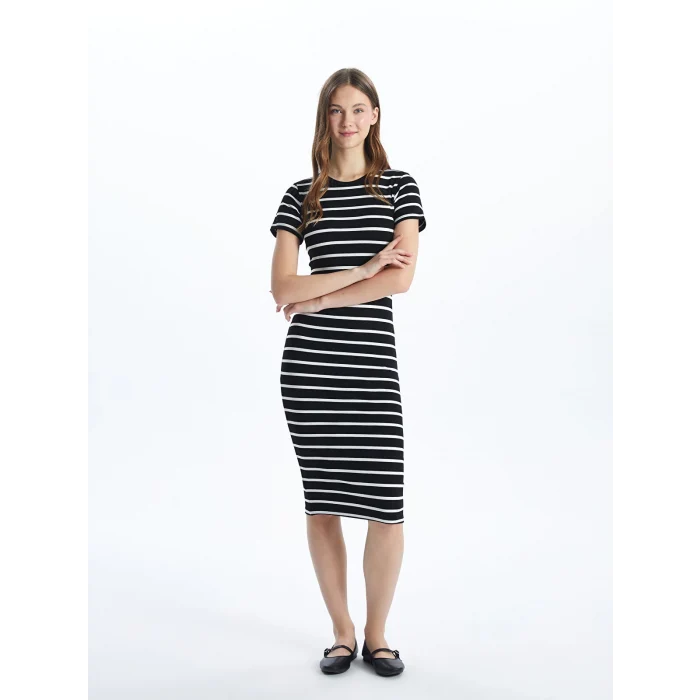 XSIDE SİYAH Bisiklet Yaka Çizgili Kadın Bodycon Elbise