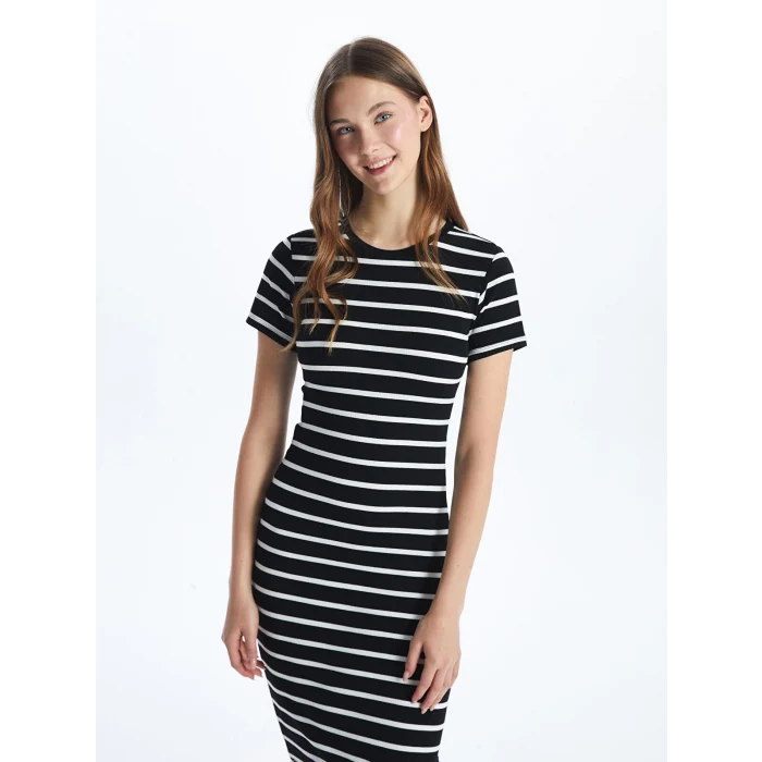 XSIDE SİYAH Bisiklet Yaka Çizgili Kadın Bodycon Elbise