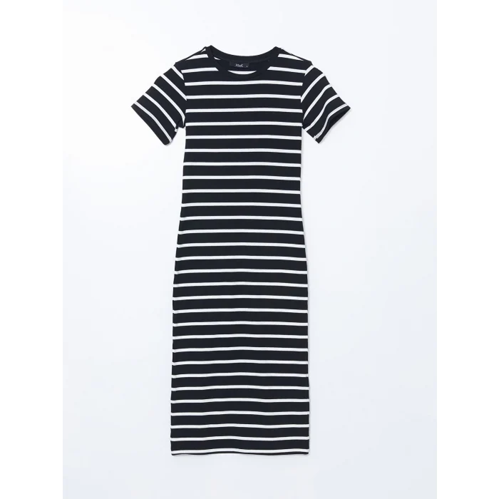 XSIDE SİYAH Bisiklet Yaka Çizgili Kadın Bodycon Elbise